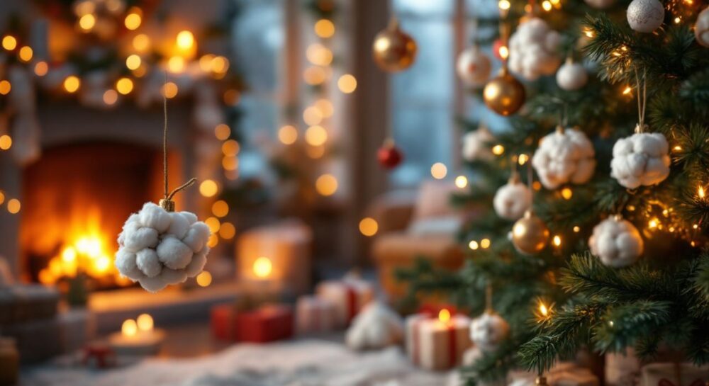 A whimsical scene with cotton Christmas ornaments hanging on a beautifully decorated tree in a cozy living room.